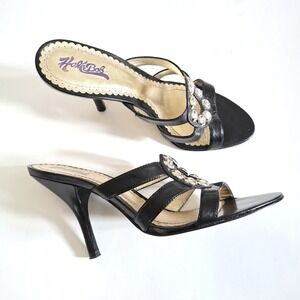 Y2K Vintage Hale Bob Black Leather Rhinestone Stiletto Sandals Heels 7.5